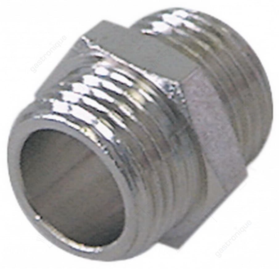 dubbelnippel messing vernikkeld draad 1/4" - 3/8" vpe 1stuk