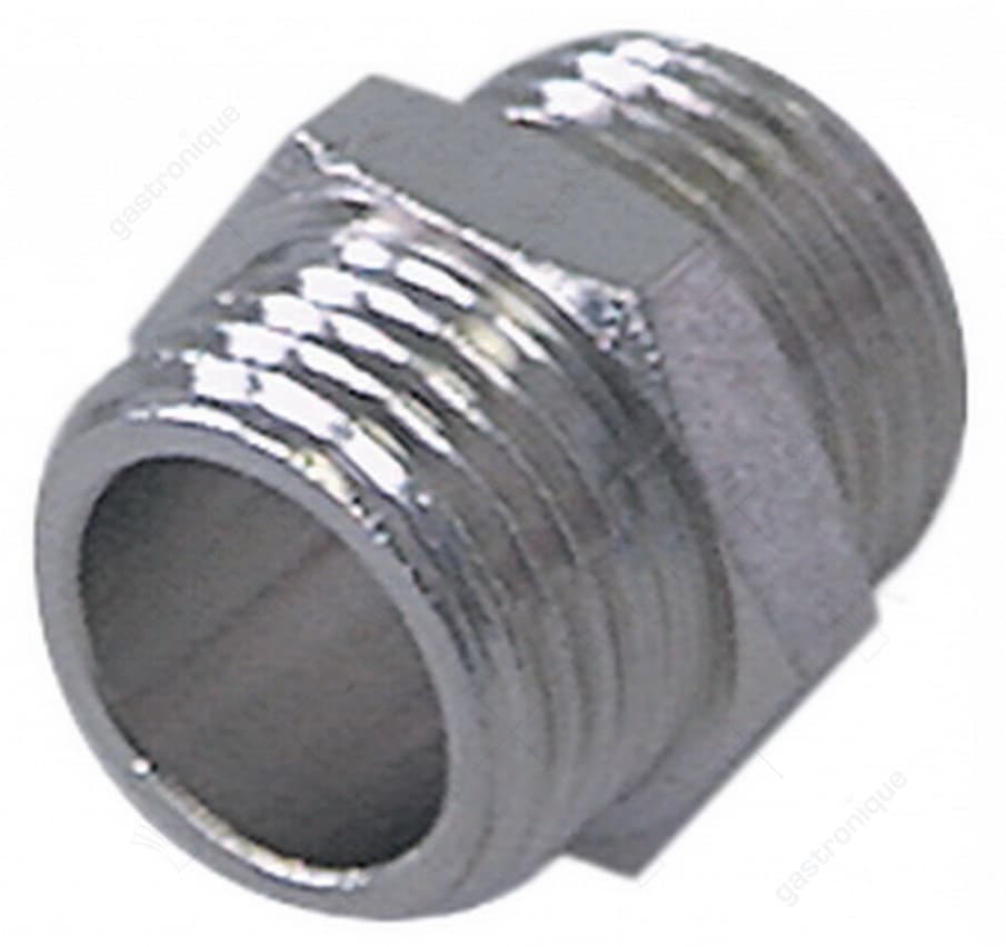 dubbelnippel messing vernikkeld draad 1/2" - 3/4" vpe 1stuk