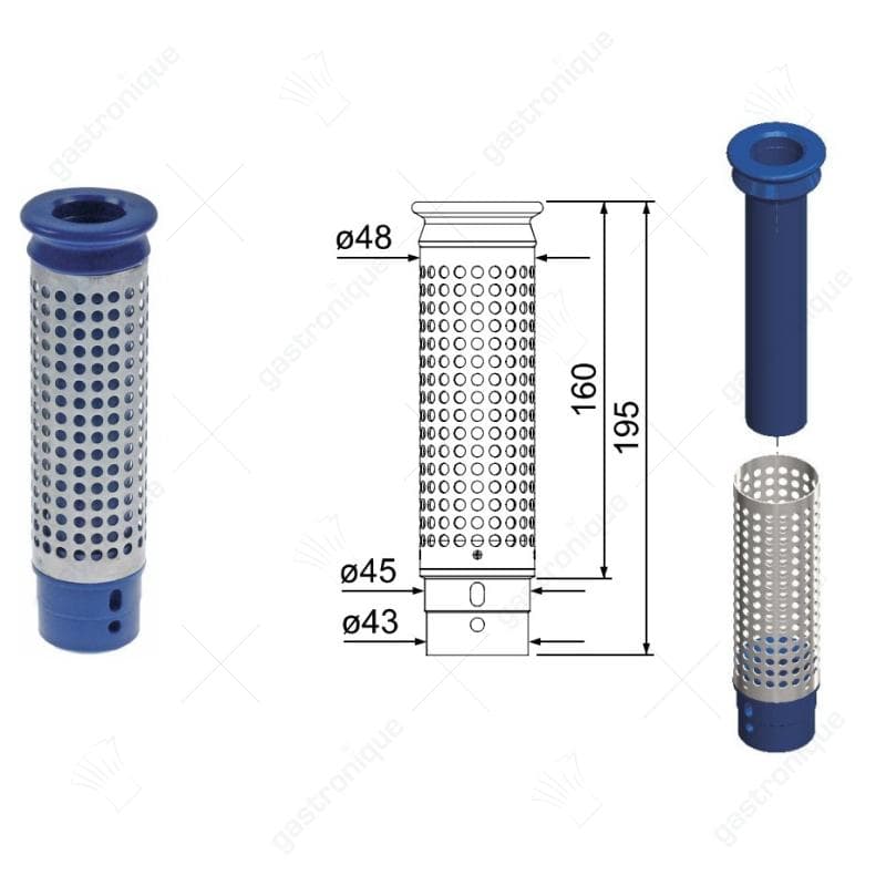 standpijp grootte 1½" werklengte 160mm totale hoogte 195mm AD ø 48mm RVS/kunststof