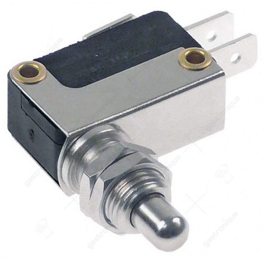 microschakelaar met drukstift pen bediend 250V 16A 1CO draad M10x0,75 aansluiting vlaksteker 6,3mm
