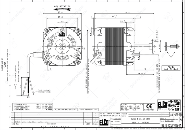 ventilatormotor ELCO 25/105W 230V 50/60Hz L1 83mm L2 83mm L3 87mm 1300/1550U/min N25-40/716 - Thumbnail 2