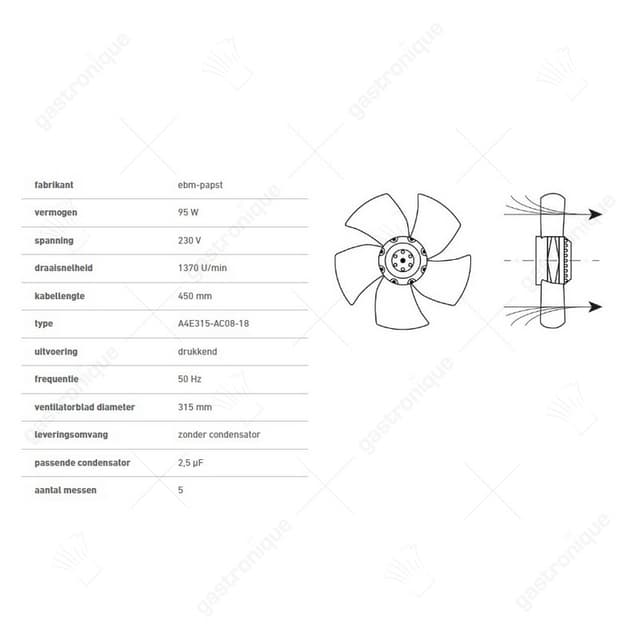 ventilator A4E315-AC08-18 ventilatorblad ø 315 mm messen 5 230V 50Hz 95W 1370U/min kabellengte 450mm - Thumbnail 2