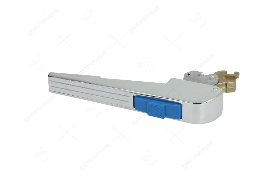 blue push-button door handle