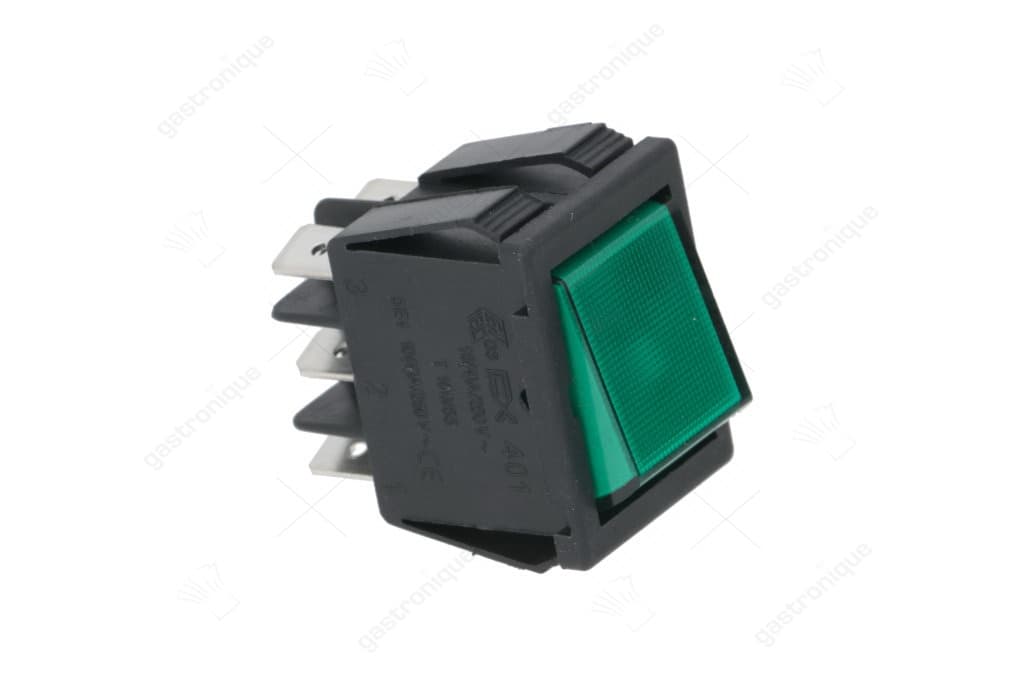 schakelaar inbouwmaat 30x22mm groen 2CO 250V 16A verlicht aansluiting vlaksteker 6,3mm