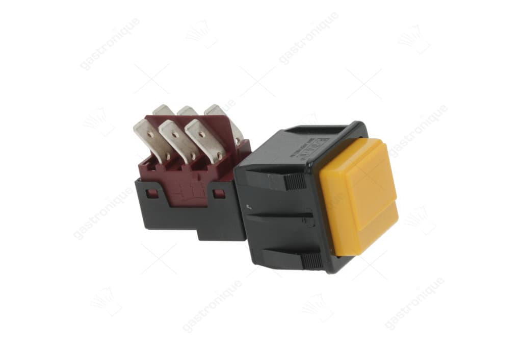 drukschakelaar inbouwmaat 28,5x28,5mm vierkant geel 1CO 250V 16A aansluiting vlaksteker 6,3mm