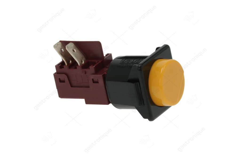 drukschakelaar tastend inbouwmaat 28,5x28,5mm rond geel 1NO 250V 16A aansluiting vlaksteker 6,3mm