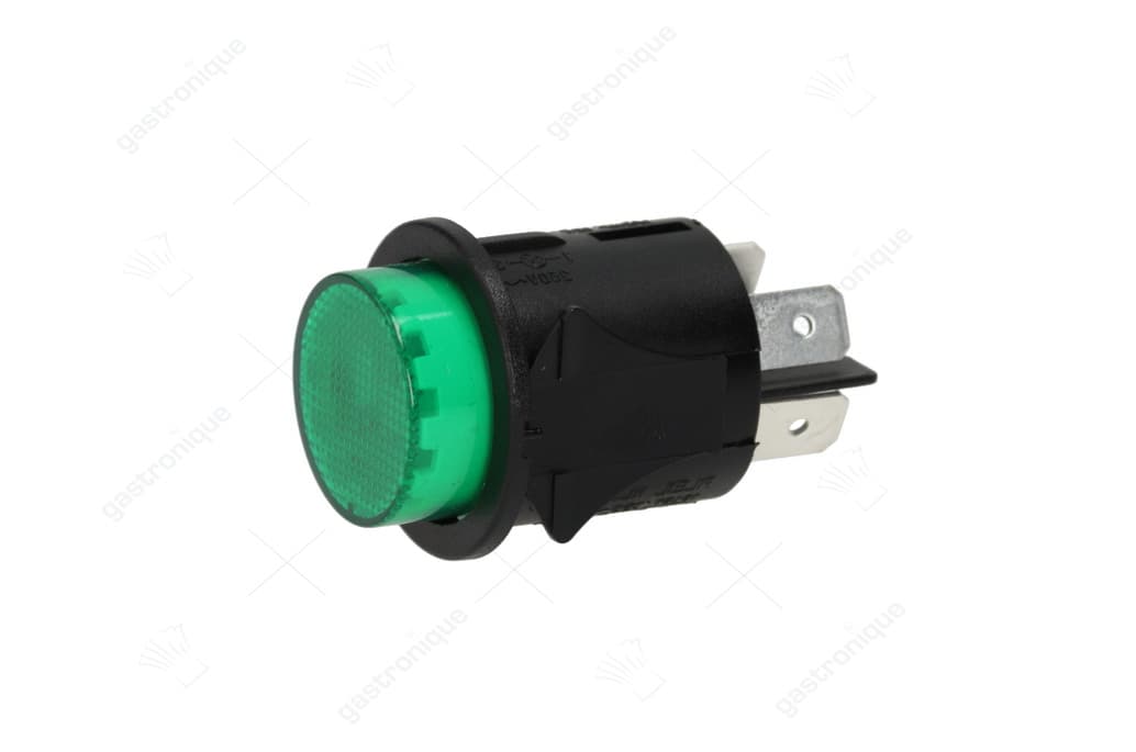 drukschakelaar inbouwmaat ø25mm rond groen 2NO 250V 16A verlicht aansluiting vlaksteker 6,3mm