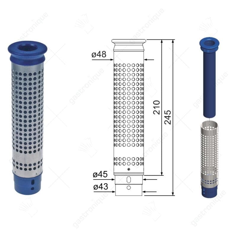standpijp grootte 1½" werklengte 210mm totale hoogte 245mm AD ø 48mm RVS/kunststof