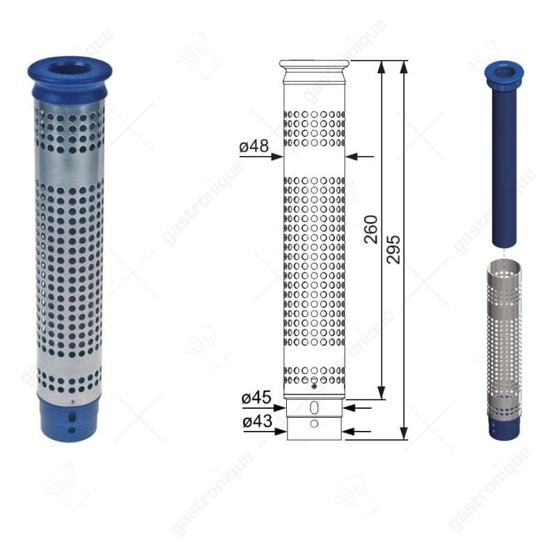 standpijp grootte 1½" werklengte 260mm totale hoogte 295mm AD ø 48mm RVS/kunststof