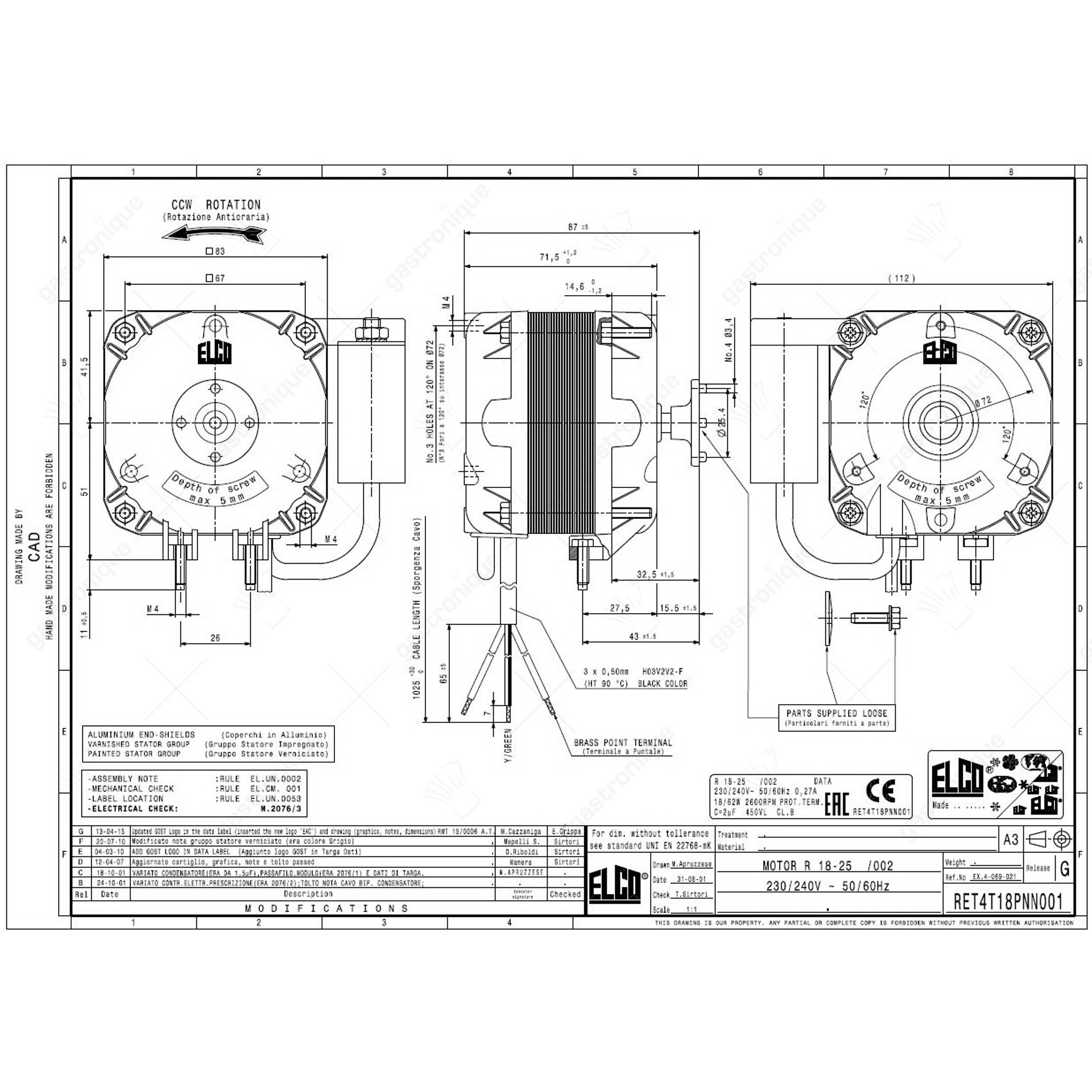 ventilatormotor 18W 230/240V 50/60Hz B 90mm kabellengte 1000mm 2600U/min ELCO R18-25/010 r18-25/002 - afbeelding 3