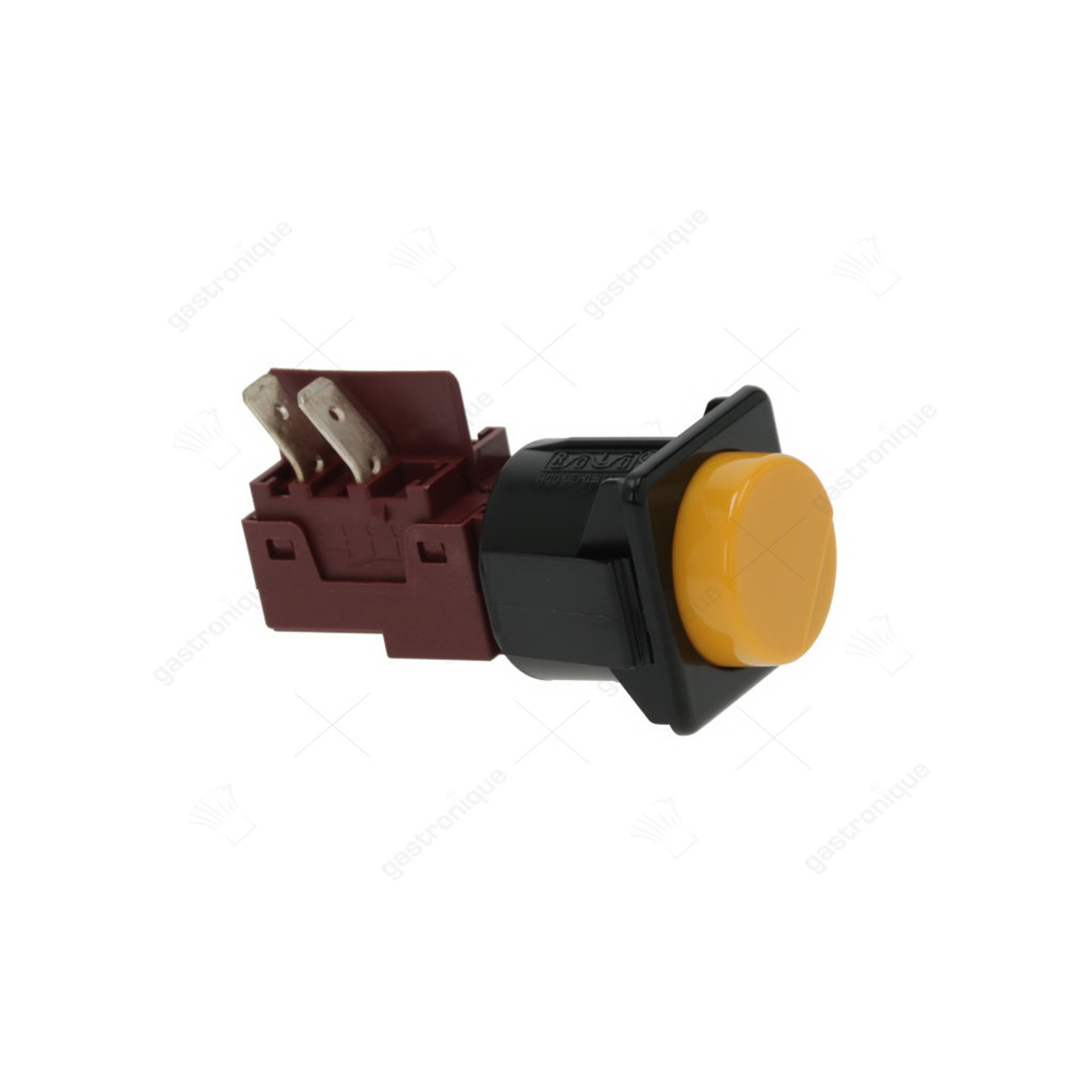 interrupteur à bouton poussoir encastré taille 28,5x28,5mm rond jaune 1NO 250V 16A connexion fiche plate 6,3mm - image 1