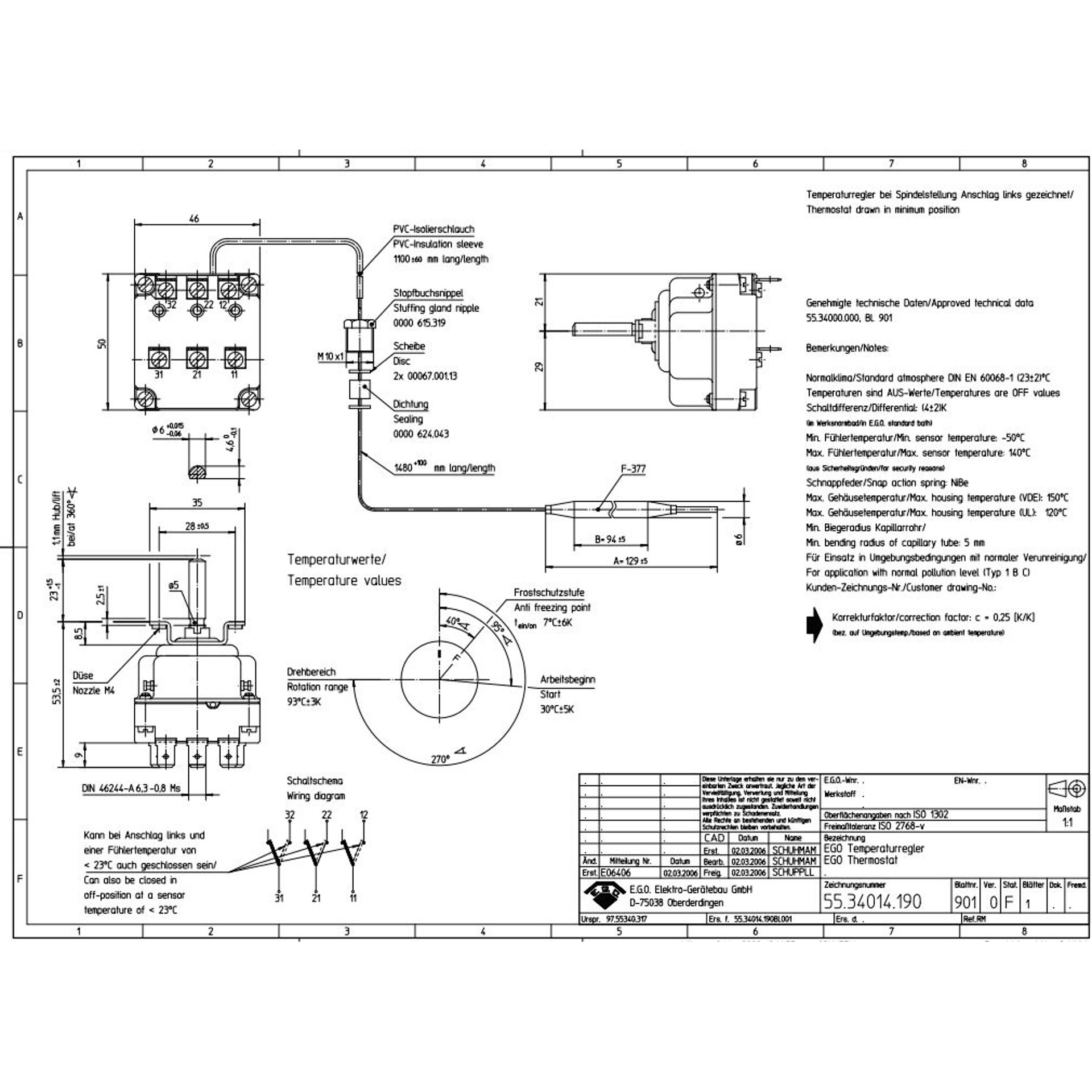 Thermostaat 30°-93°C 3-polig voeler 129/Ø6mm capillair 1480mm +dw - afbeelding 2