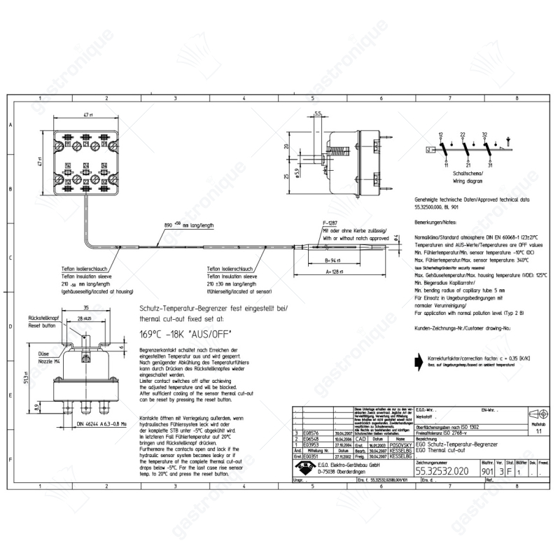 Maximalthermostat Ausschalt-Temperatur 169°C 3-polig 3NC 20A Fühler ø 4mm Fühler L 128mm - Bild 3