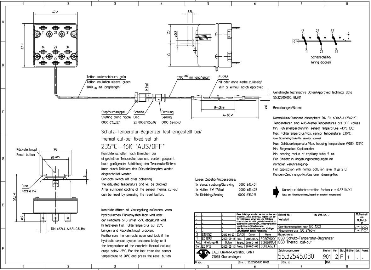 Maximalthermostat Abschalttemperatur 235°C 3-polig 20A Sensor ø 6mm Sensor L 87mm Rohr ø 1790mm - Bild 2