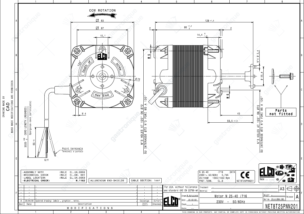 Ventilatormotor ELCO 25/105W 230V 50/60Hz L1 83mm L2 83mm L3 87mm 1300/1550U/min N25-40/716 - Bild 2