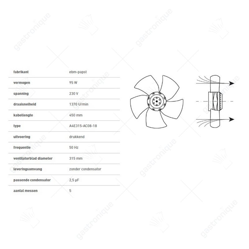 Ventilator A4E315-AC08-18 Ventilatorblatt ø 315 mm Klingen 5 230V 50Hz 95W 1370U/min Kabellänge 450mm - Bild 2