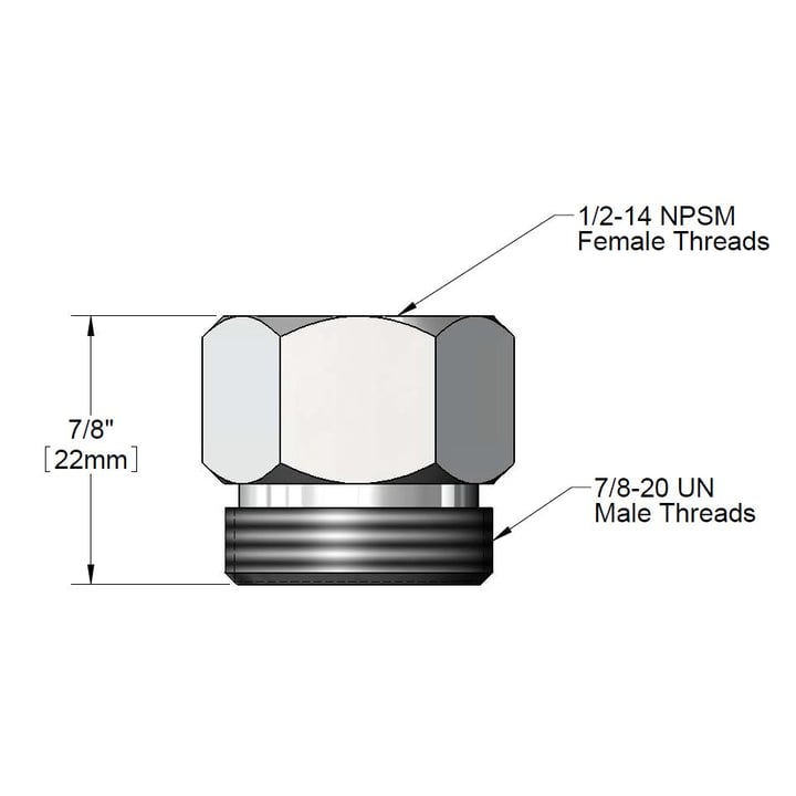Verloop 1/2"-14 NPSM binnendraad x 7/8-20UN buitendraad voor T&S slang