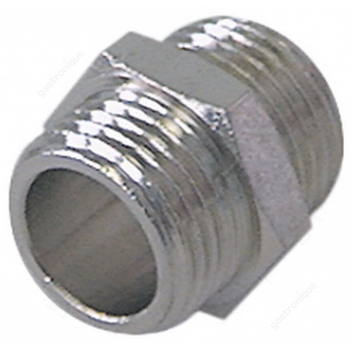 dubbelnippel messing vernikkeld draad 1/4" - 3/8" vpe 1stuk