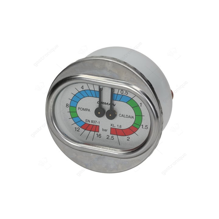 Manometer aansluiting keerzijde draad 1/8" ø 63mm dubbele schaal drukbereik 0-2,5 / 0-16bar