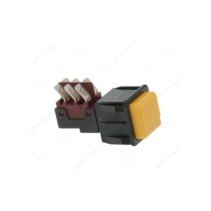 drukschakelaar inbouwmaat 28,5x28,5mm vierkant geel 1CO 250V 16A aansluiting vlaksteker 6,3mm