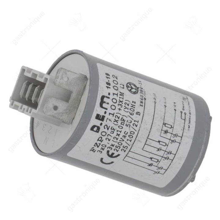 Ontstoringsfilter 250V 50Hz aansluiting vlaksteker 6,3mm kunststof ø 38mm
