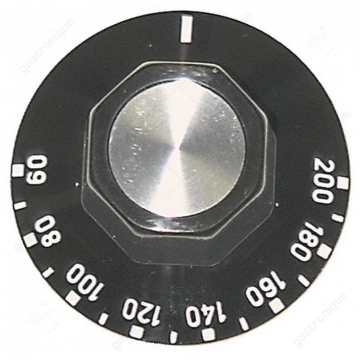 bouton thermostat max. 200°C ø 50mm axe ø 6x4,6mm chanfrein supérieur noir plage de réglage 60-200°C
