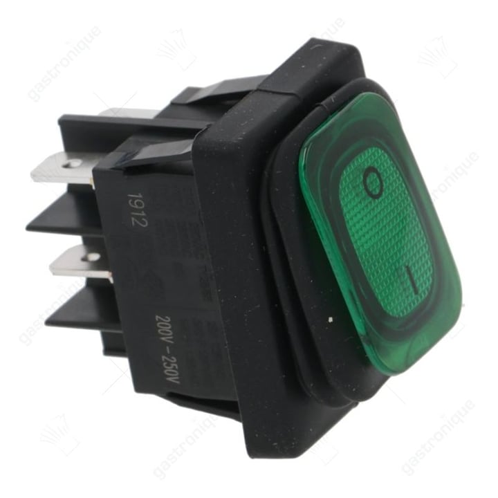 Wipschakelaar inbouwmaat 30x22mm groen 2NO 250V aansluiting vlaksteker 6,3mm met rubber kraag 0-I