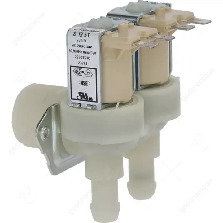 magneetventiel dubbel haaks 230VAC ingang 3/4 uitgang 1,5/2,5l/min TP uitgang 11,5mm